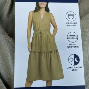 Lands' End Women's M Tiered Midi Dress Beige Lyocell e0216